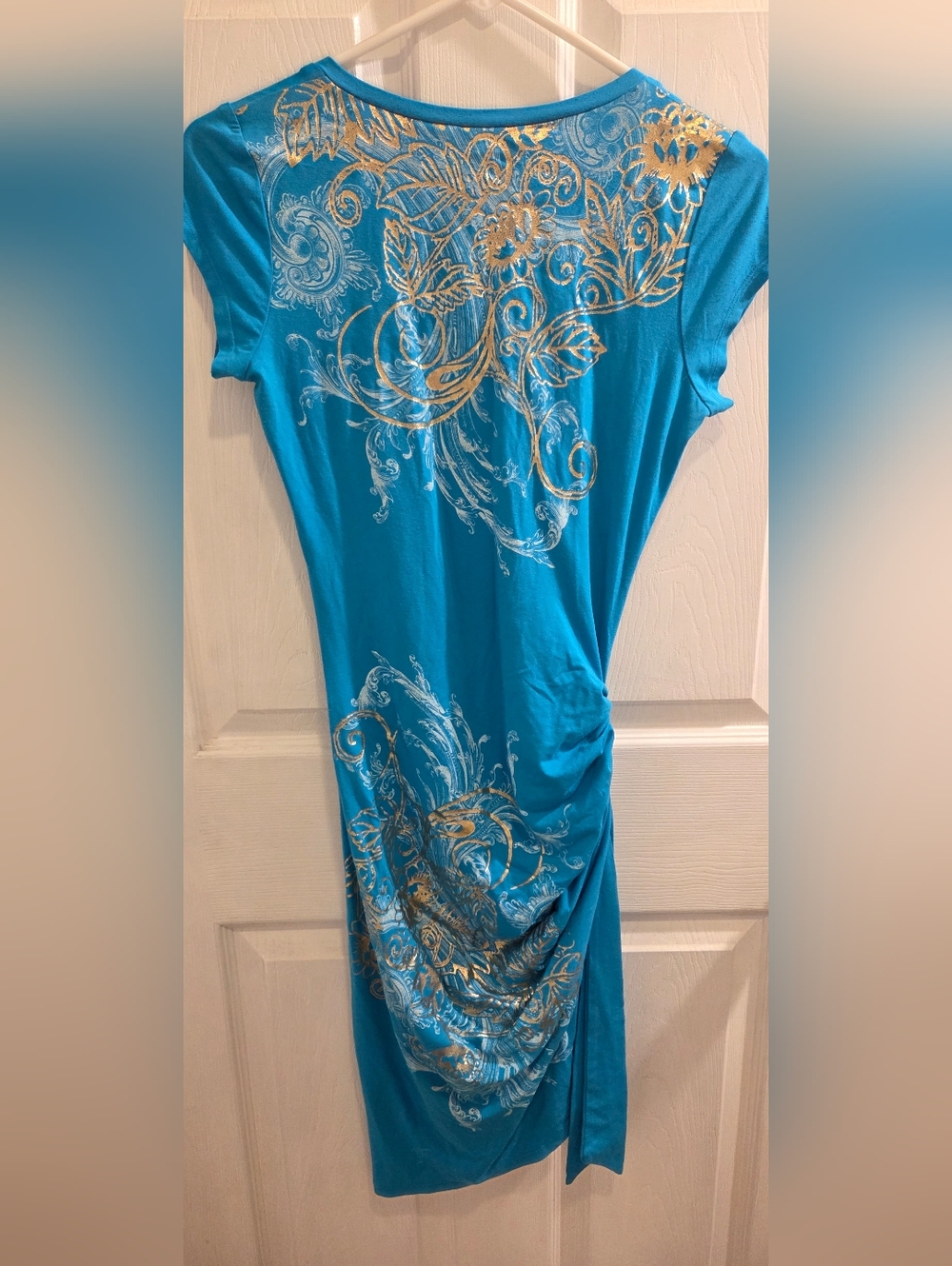 Cache Teal V-Neck Midi Dress with Gold Floral Print - Picture 2 of 6